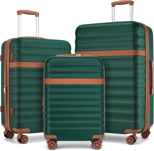 Kono Luggage Set 3 Pieces Expandable PC ABS Durable Suitcase Hardside with Double Spinner Wheels Tsa Lock Green(20in/24in/28in)