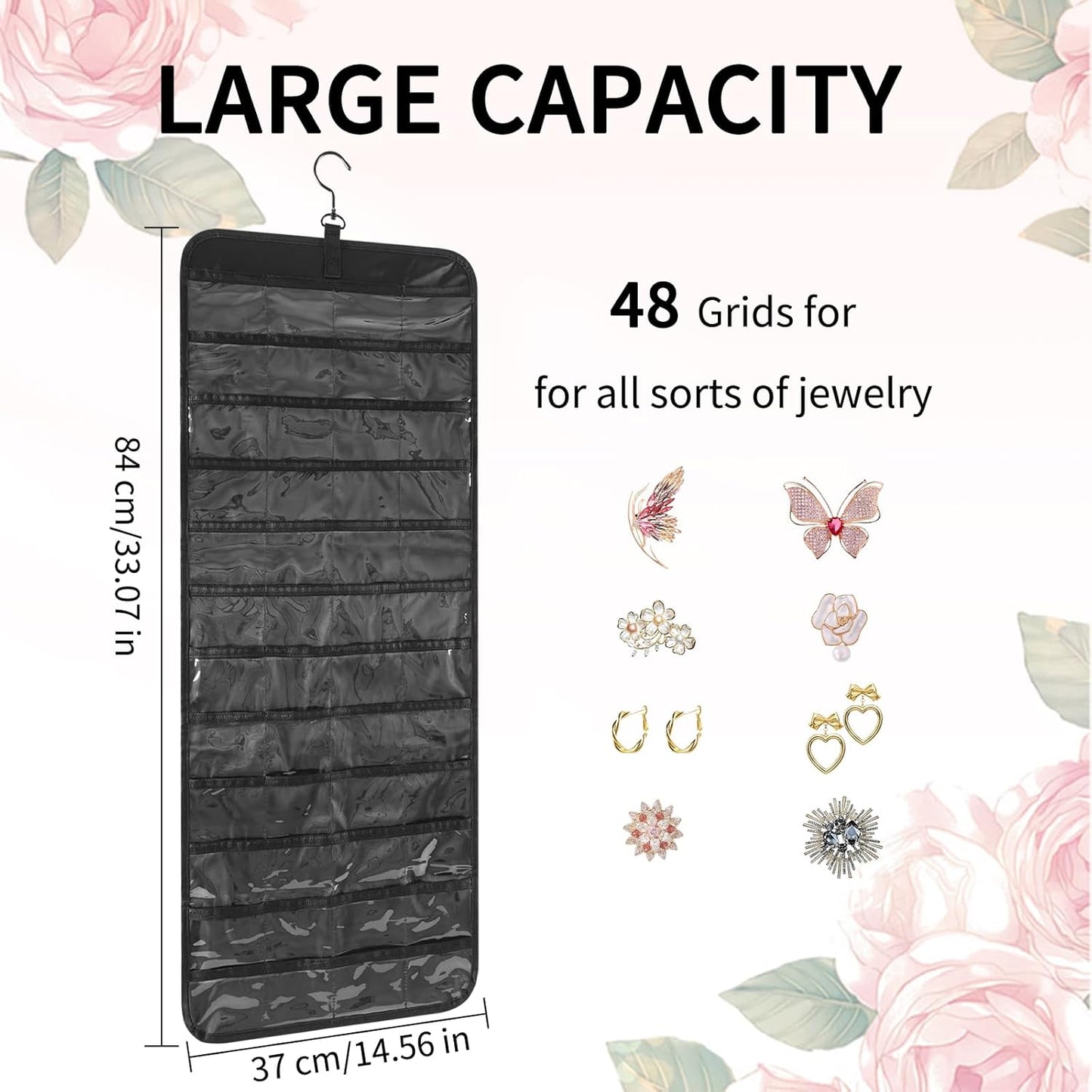 Bloss Hanging Jewelry Organizer with 48 Pockets, Double-Size Hanging Jewelry Holder with Hanger Hooks, Jewelry Organizers and Storage for Earrings, Necklaces and Rings.(All Black)