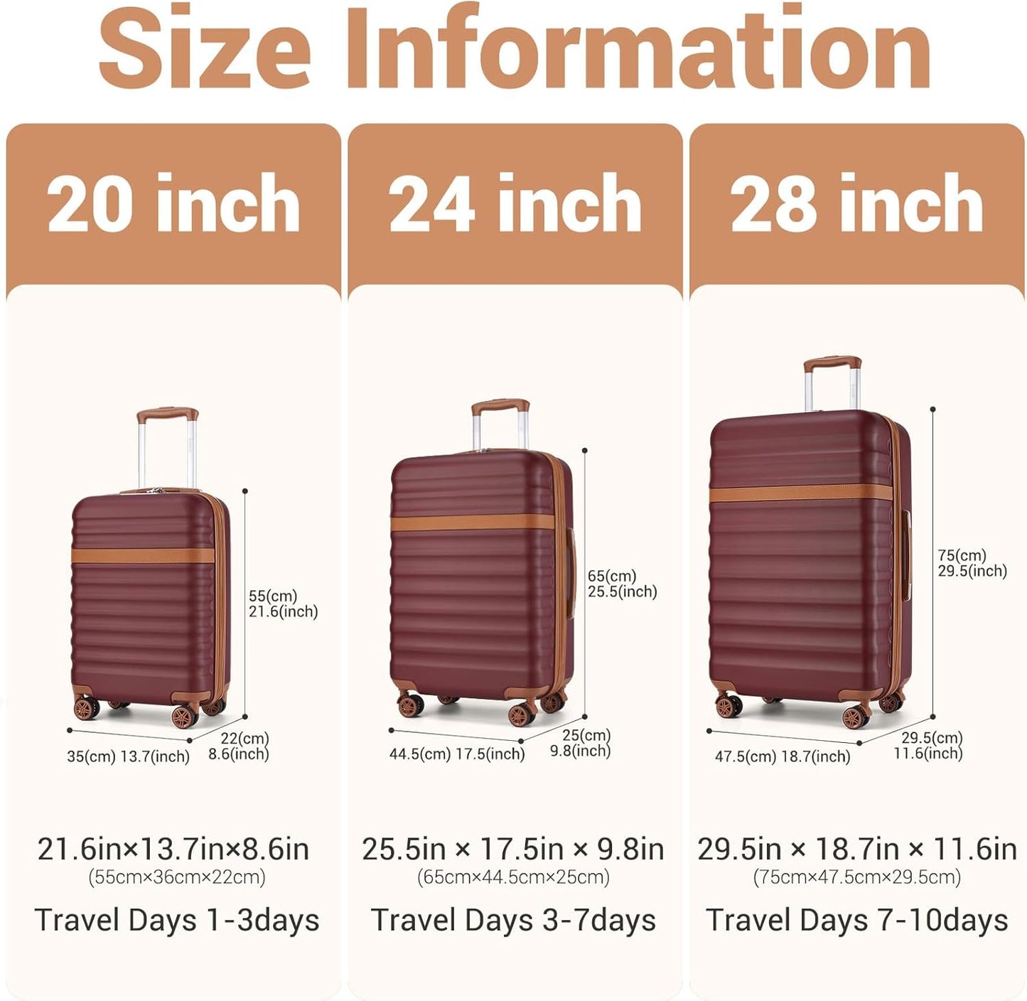 Kono Expandable 28 Inch Large Checked Luggage: ABS+PC Hardside Trolley Travel Case - Hard Shell Suitcase with TSA Lock, Burgundy