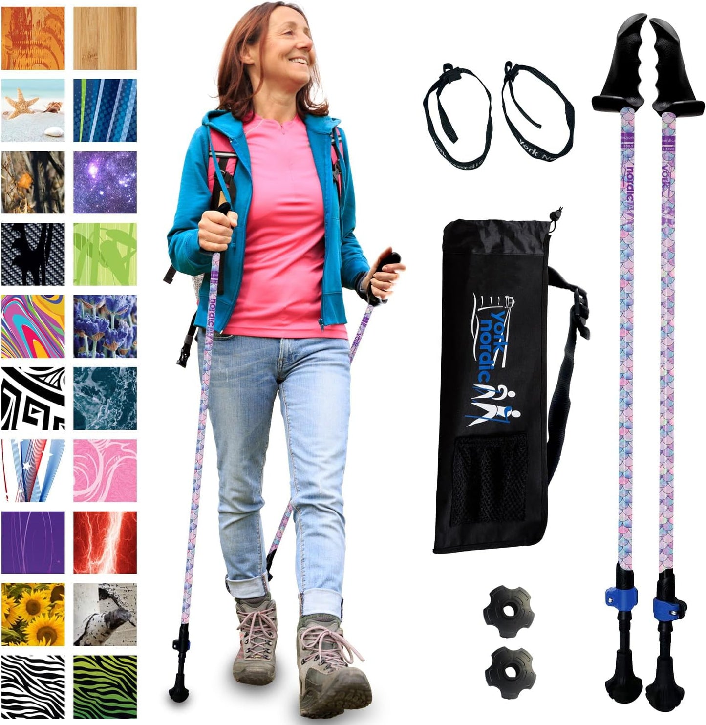 York Nordic Motivator Walking Poles for Balance and Rehab - Patented Stability Grips - Lightweight, Adjustable, and Collapsible - 2 Pieces Adjustable w/flip Locks - Heights 4'6" up to 6'2" - 230 lbs