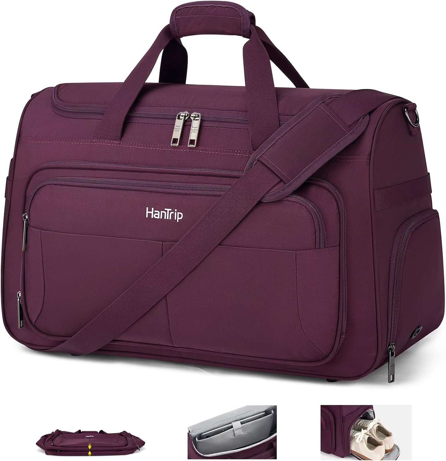Carry on Duffel Bag Foldable Duffle Bags for Travel, Large Personal Item Bags for Airplanes, Weekender Overnight Mens Travel Tote Bag for Women Softside Carry on Luggage (Purple)