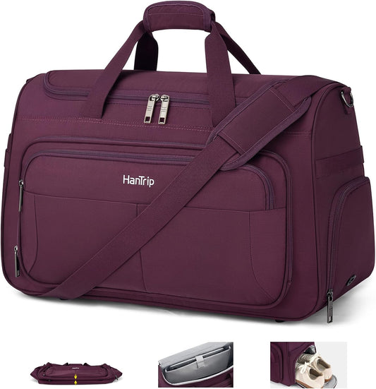 Carry on Duffel Bag Foldable Duffle Bags for Travel, Large Personal Item Bags for Airplanes, Weekender Overnight Mens Travel Tote Bag for Women Softside Carry on Luggage (Purple)