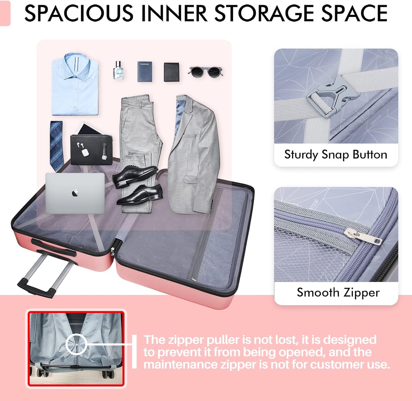 AnyZip Luggage PC ABS Hardside Lightweight Suitcase with 4 Universal Wheels TSA Lock Checked-Medium 24 Inch Pink