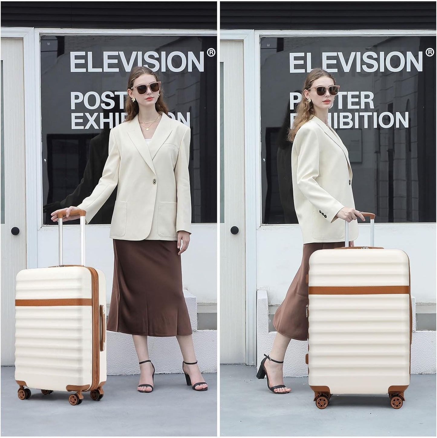 Kono Medium Sized Checked Luggage, 24 Inch Expandable with Spinner Wheels, TSA Lock, ABS + PC Lightweight Travel Suitcase with Larger Capacity and Lighter Weight, Cream Brown