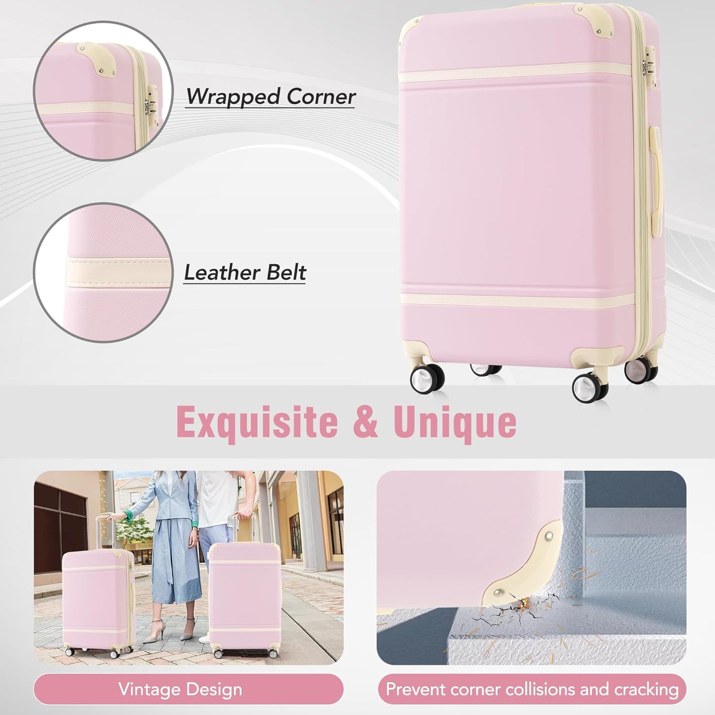 Merax Luggage Set 3 Piece Suitcase Set with 1 Cosmetic Case Expandable Spinner Wheels Vintage Luggage Sets(Light Pink,20"+24"+28")