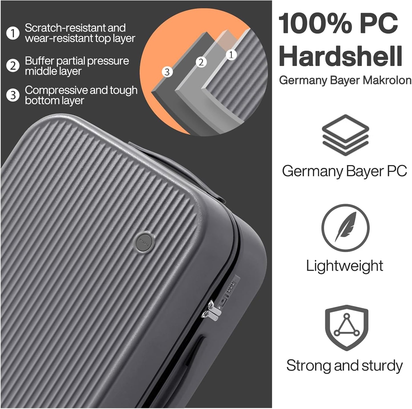 mixi 26 Inch Large Checked Luggage PC Hardshell Suitcases with Wheels for Travel Woman Men, Rock Gray