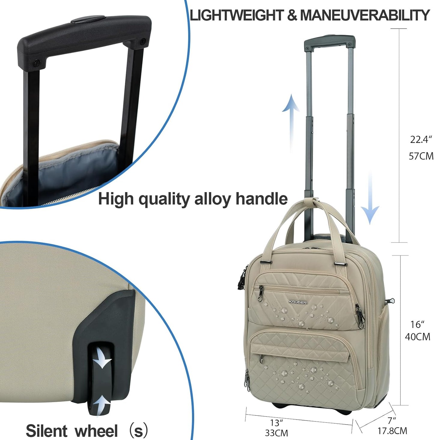 KROSER Carry On Underseat Multi-functional, 16-inch Underseater Lightweight Overnight Suitcase for Women, Light Khaki