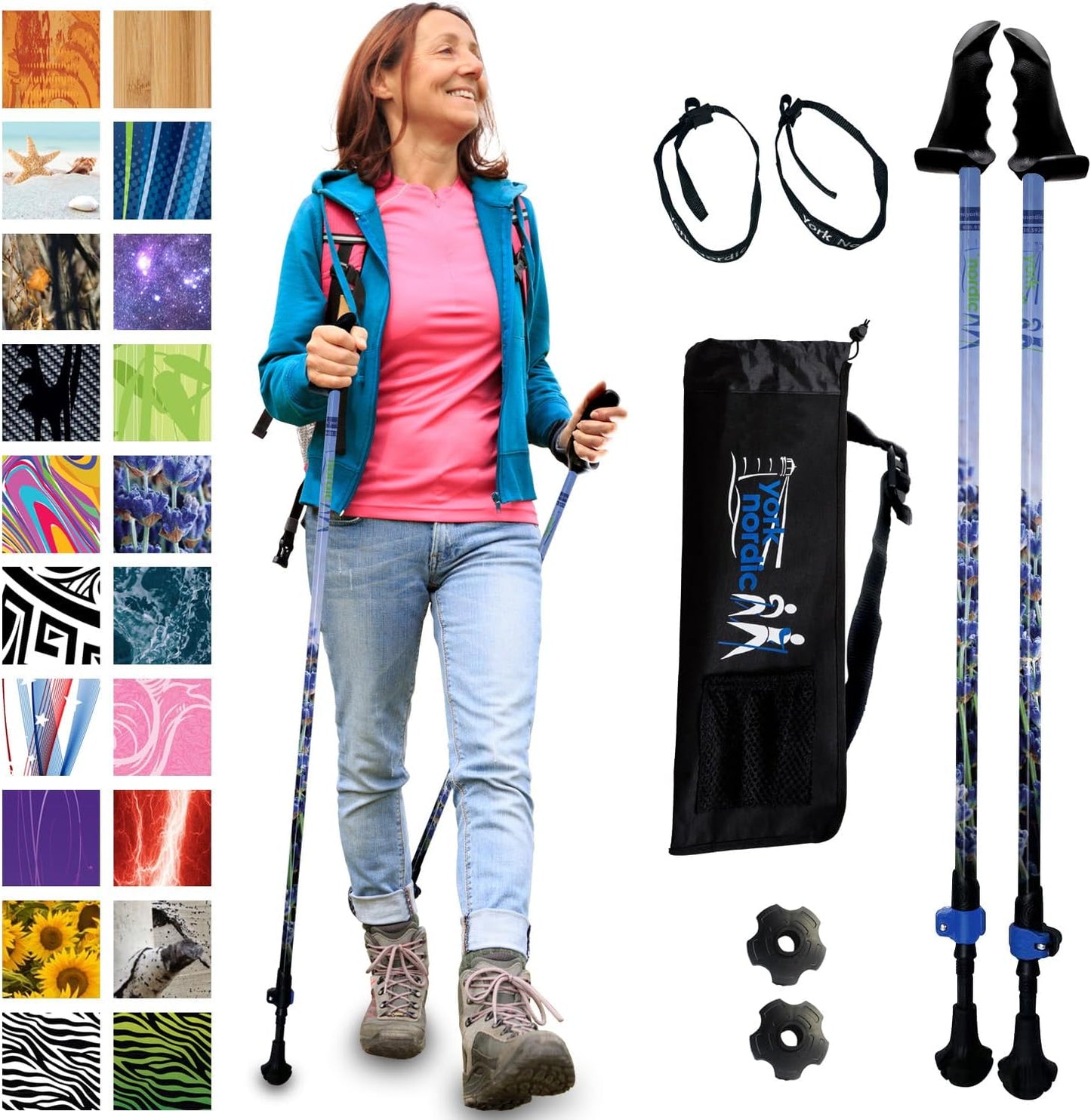 York Nordic Motivator Walking Poles for Balance and Rehab - Patented Stability Grips - Lightweight, Adjustable, and Collapsible - 2 Pieces Adjustable w/flip Locks - Heights 4'6" up to 6'2" - 230 lbs