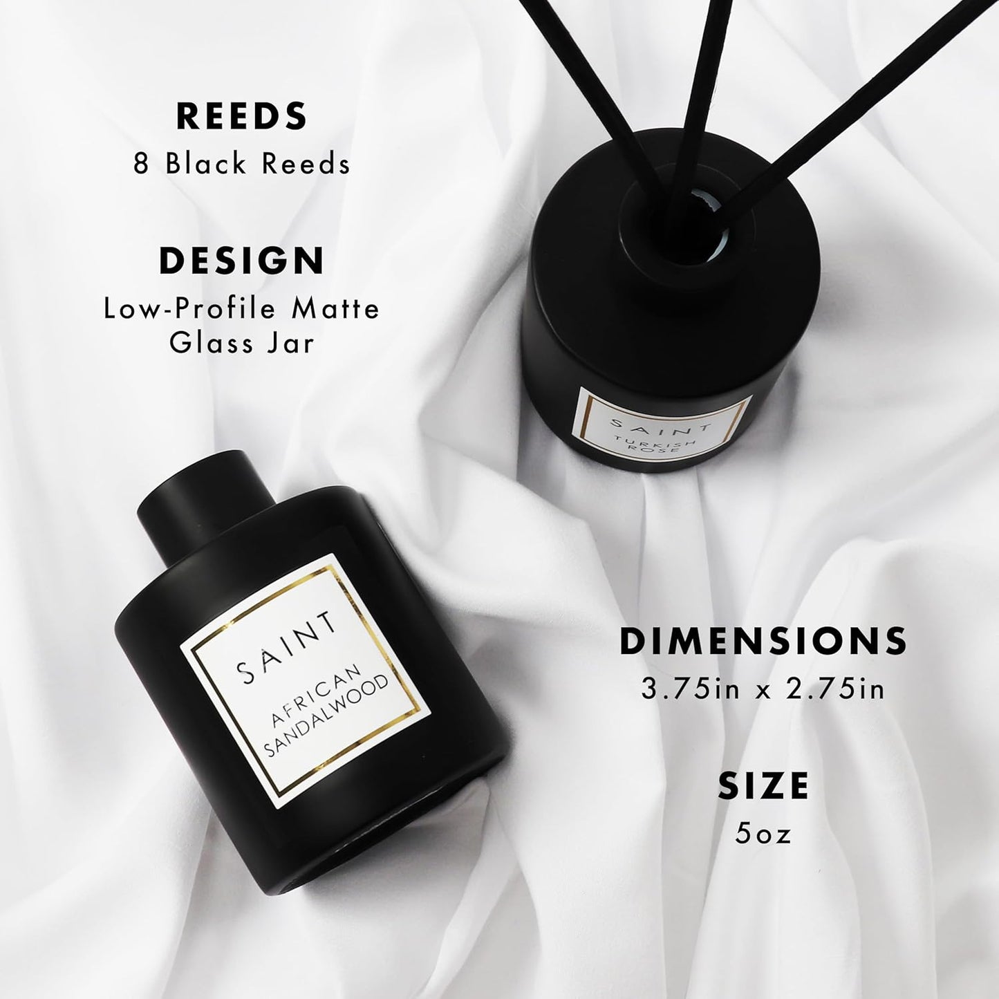 SAINT Reed Diffuser, Aromatherapy Diffuser Set with Scent Diffuser Sticks, Long-Lasting Oil Diffuser in Matte Black Glass Jar, Aroma Diffuser for Home, Bedroom, or Bathroom, 5oz, African Sandalwood