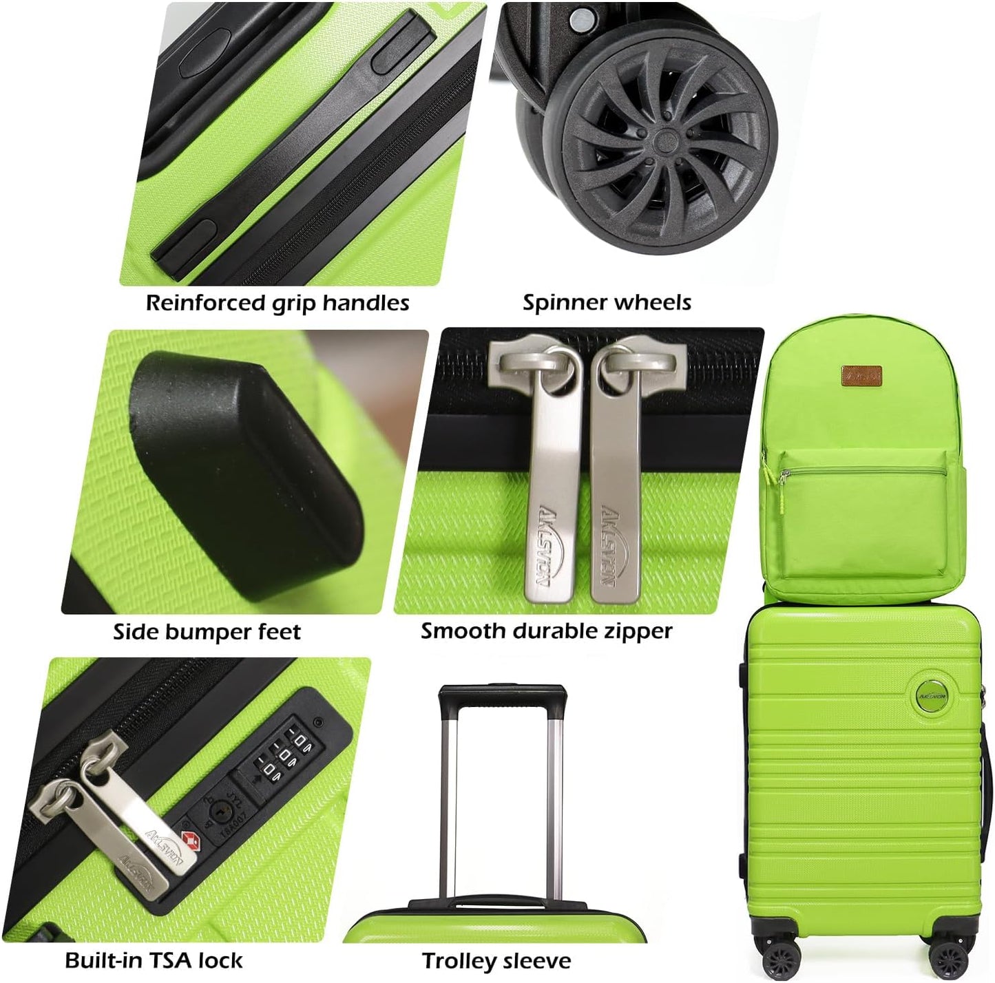 ABS+PC Carry on Luggage set with backpack 3 Pcs suitcace with Spinner wheels TSA Lock 20-In hardshell Lightweight Luggage set (Lime)