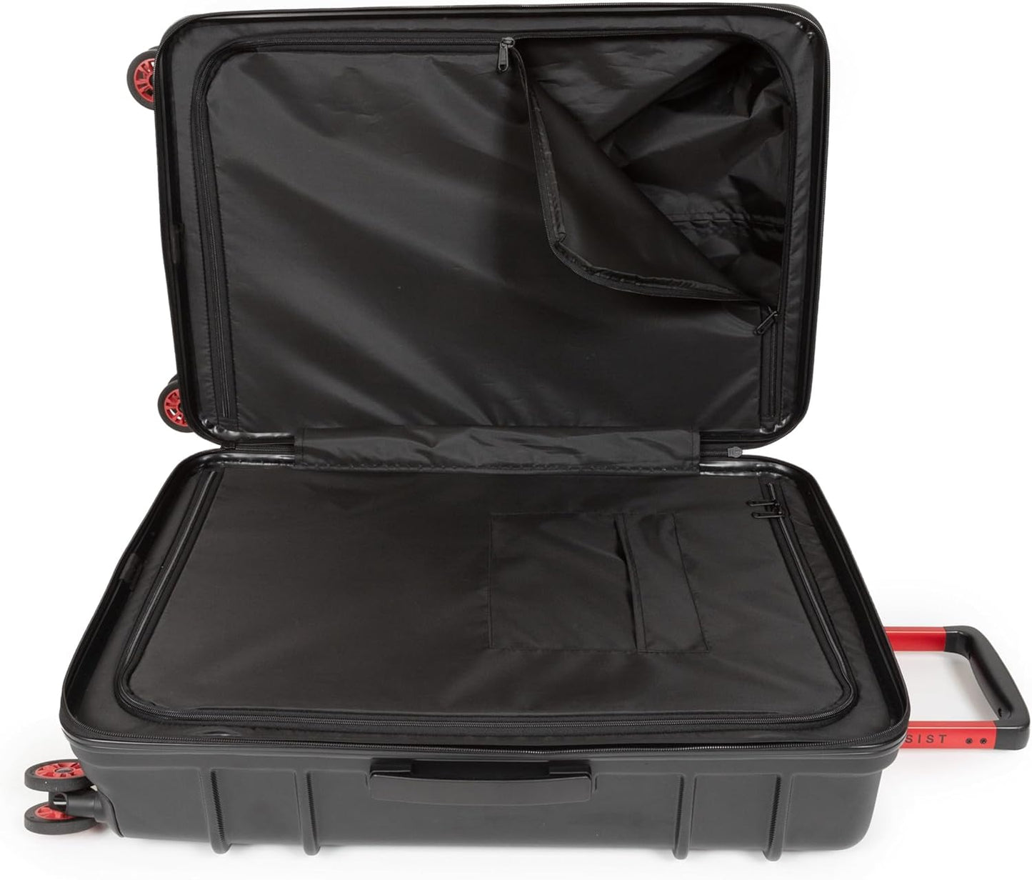 EASTPAK Resist'R Zip M – 63L Hardshell Suitcase with Dual Compartments, TSA Lock, Silent 360° Spinner Wheels & Water-Resistant Design, Black