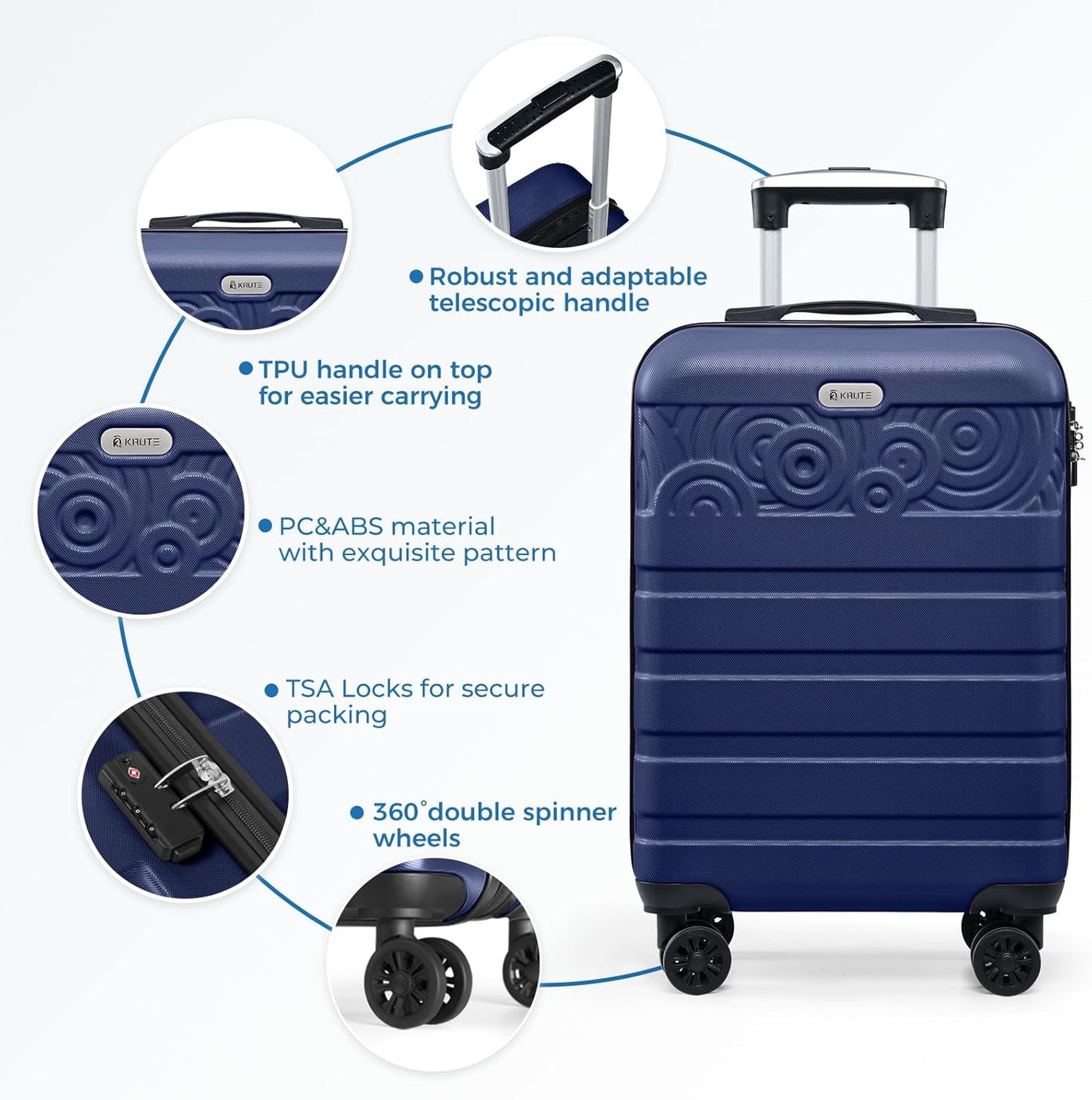 Krute 20 inch Carry On Luggage Airline Approved Suitcase with Spinner Wheels Hard Shell Luggages PC ABS TSA Lock Suitcase