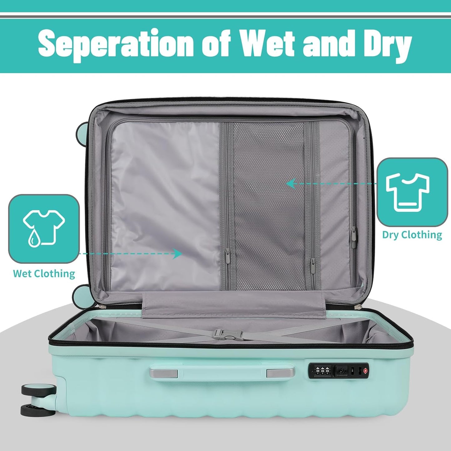 Lightweight Luggage with Spinner Wheels & YKK Zipper, 3-Piece Suitcase ABS+PC Hardside Hard Shell Luggage Set with TSA Lock, Light Mint Green (20+24+28 inch)