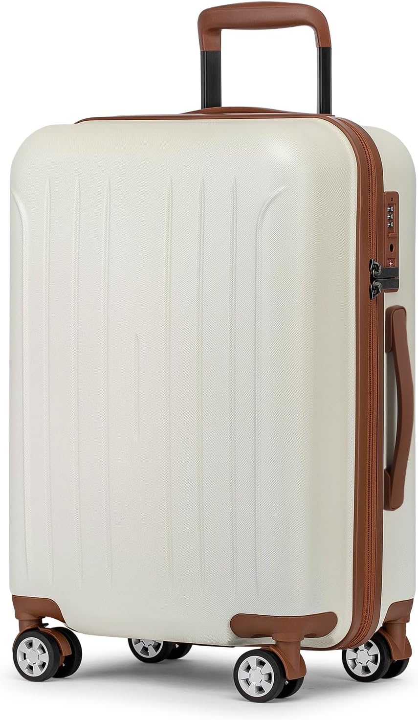 KYME 24-Inch Medium Luggage with Dual 360° Spinner Wheels Hardshell Checked TSA Approved Suitcase for Lightweight Travel (Beige, 24" Checked)