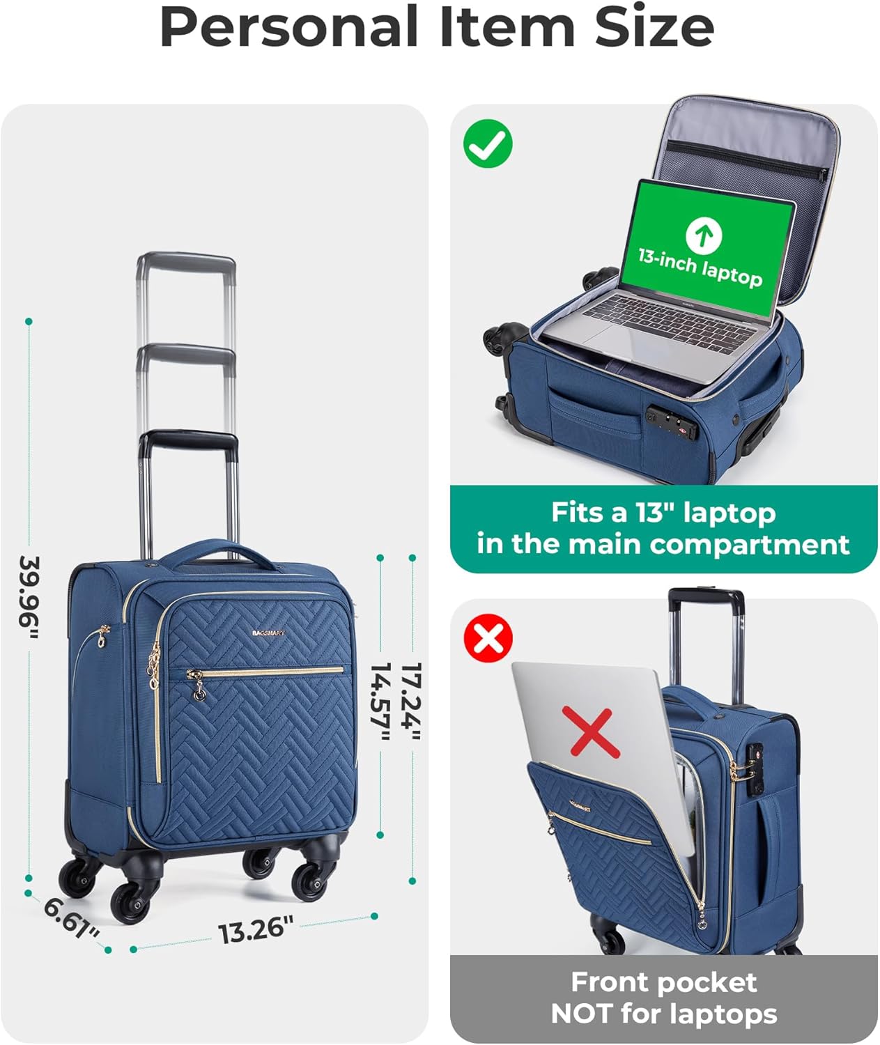 BAGSMART Underseat Carry On luggage Airline Approved, 16-inch Small Softside Underseater Travel Suitcase with Spinner Wheels Overnight Bag Small Rolling Carry-on for Women Men Weekender, Navy Blue