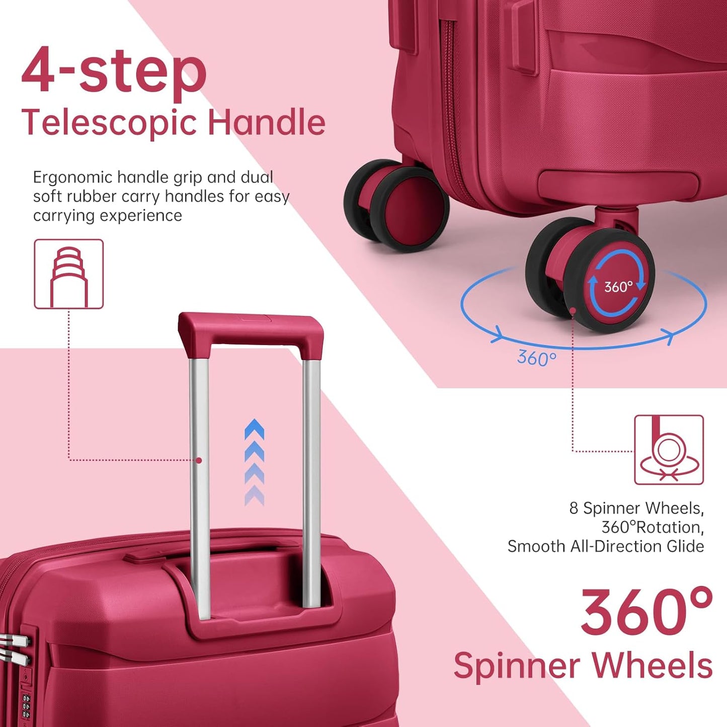 Carry On Luggage 22x14x9 Airline Approved, 22 Inch PP Hardshell Luggage Carry-on Suitcase with Spinner Wheels, Carry On Suitcase Set for Women(Rose Red)