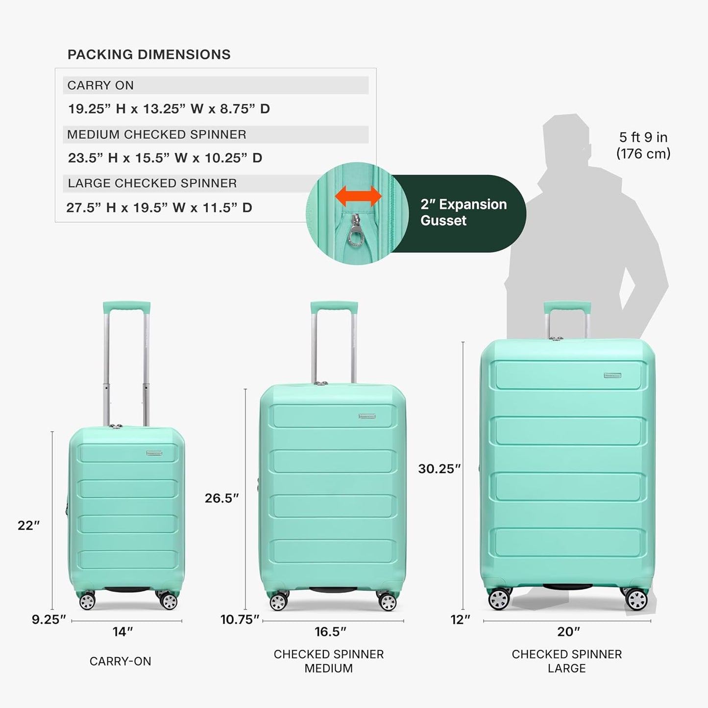 Traveler's Choice Pagosa Indestructible Hardshell Expandable Spinner Luggage, Mint, 2-Piece Set (22/26)