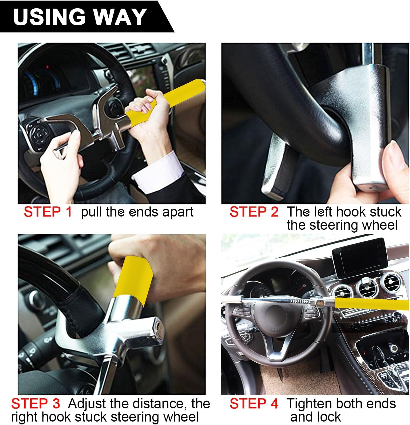 Tevlaphee Steering Wheel Lock Anti-Theft Car Device, Yellow, Heavy Duty