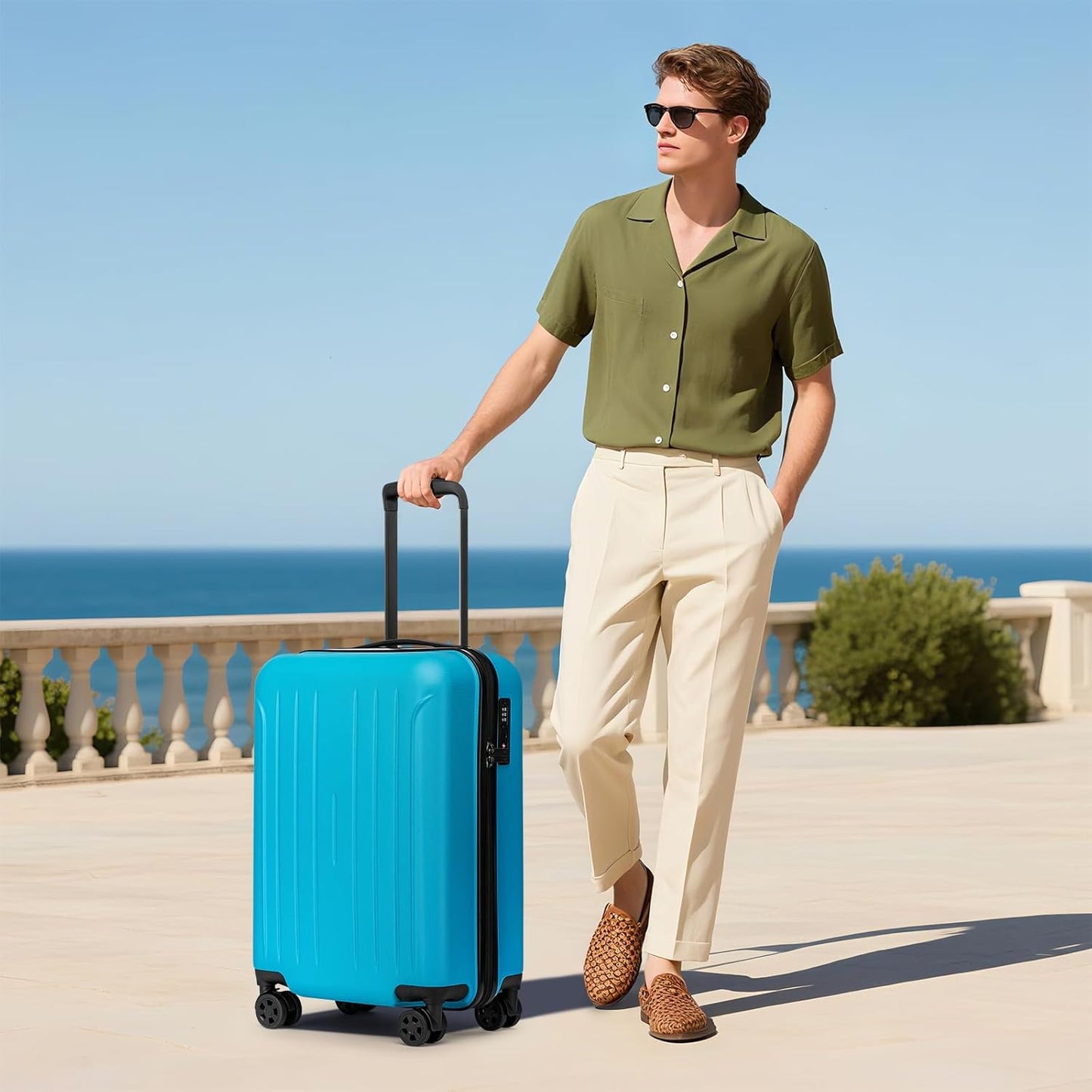 KYME Carry on luggage 22x14x9 Airline Approved Suitcase Hardshell With Double Spinner Wheels, PC+ABS TSA Lock Travel Luggage (Ocean Blue, 20" Carry On)