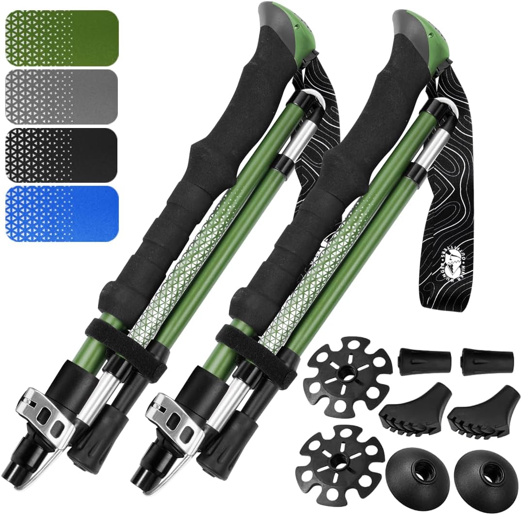 Premium Foldable Hiking Poles by USA Brand - Adjustable, Lightweight Trekking Poles Made of Aircraft Aluminum, Metal Flip Locks & Comfortable Real Cork and EVA Foam Grips