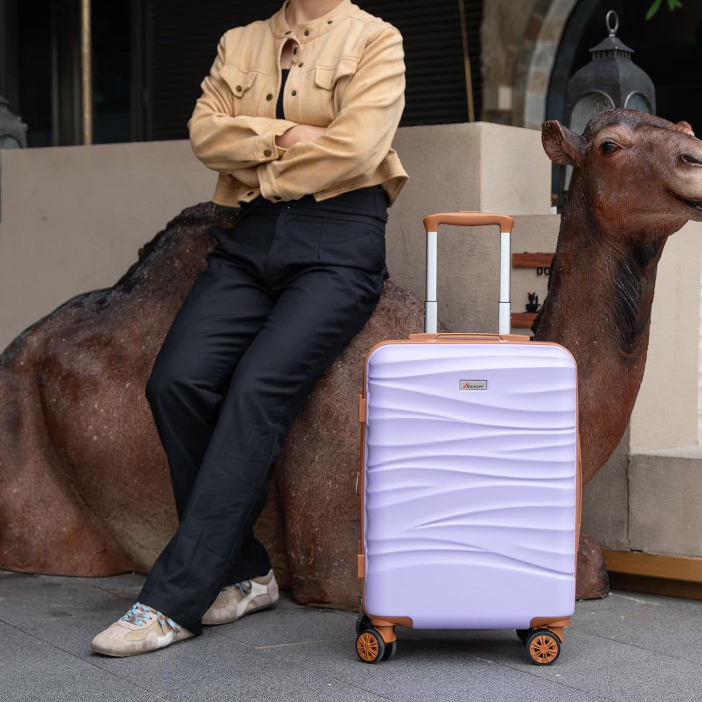 Romswi Expandable 24" Checked Luggage,Medium Hardshell Suitcase with Double Spinner Wheels for 20% More Space, Airline Approved Lightweight Hardside Luggage, Scratch-Resistant & YKK Zipper,Purple