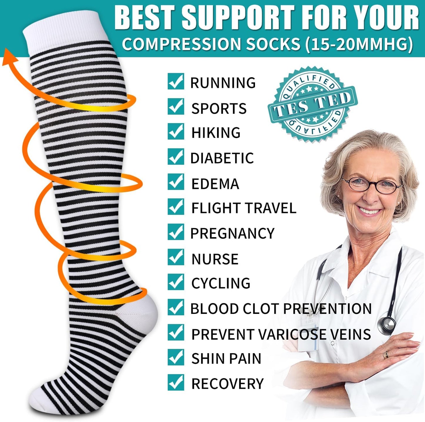 BLUEENJOY Copper Compression Socks for Women & Men (6 pairs) - Best Support for Nurses, Running, Hiking, Recovery
