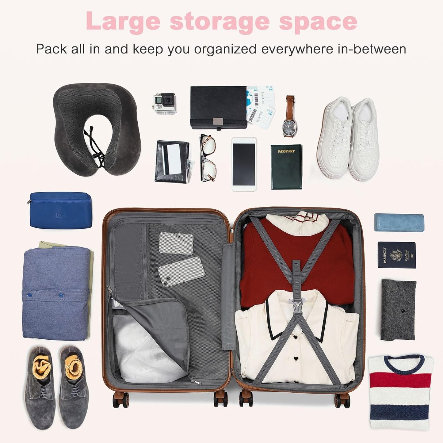 Kono Expandable 28 Inch Large Checked Luggage: ABS+PC Hardside Trolley Travel Case - Hard Shell Suitcase with TSA Lock, Cream/Pink