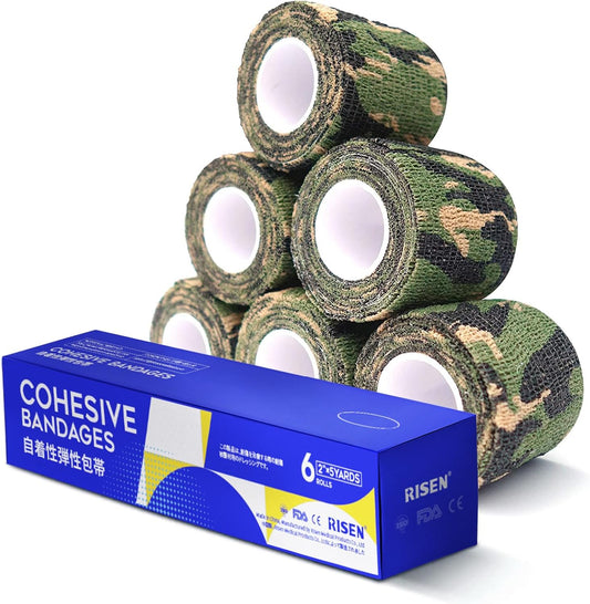 RISEN Cohesive Bandage 2” x 5 Yards, 6 Rolls, Self Adherent Wrap Medical Tape, Adhesive Flexible Breathable First Aid Gauze Ideal for Stretch Athletic