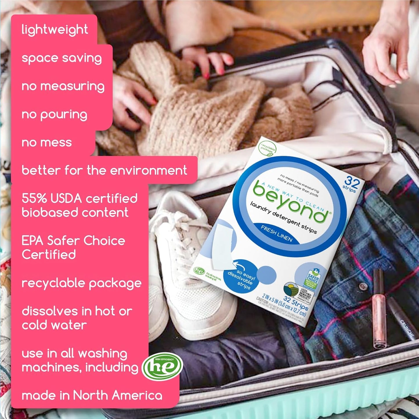 Beyond Laundry Detergent Strips [32 strips] - Fresh Linen - Eco-friendly, Hypoallergenic. Travel friendly. Dissolvable Strips.