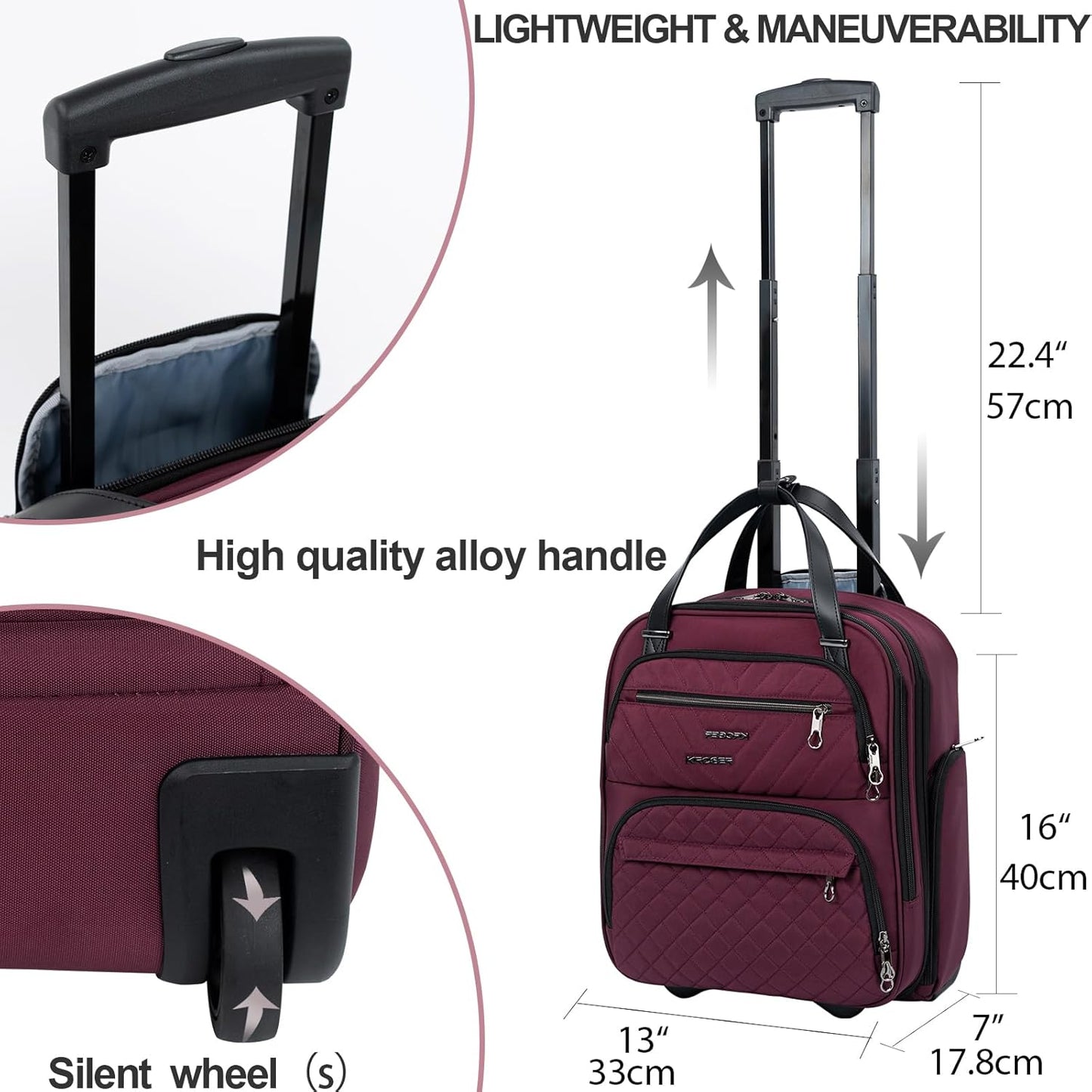 KROSER Carry On Underseat Multi-functional, 16-inch Underseater Lightweight Overnight Suitcase for Women, Burgundy
