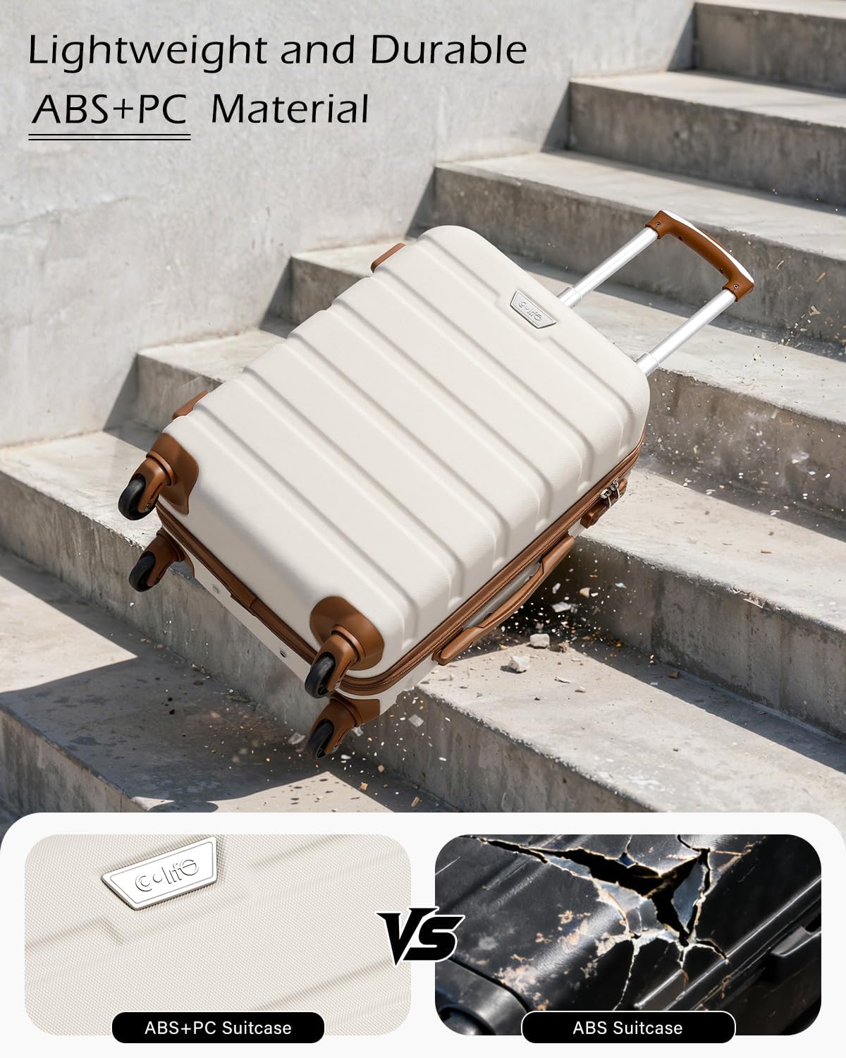 Coolife Luggage 3 Piece Set Suitcase Spinner Hardshell Lightweight TSA Lock (apricot white, 3 piece set(20in24in28in))