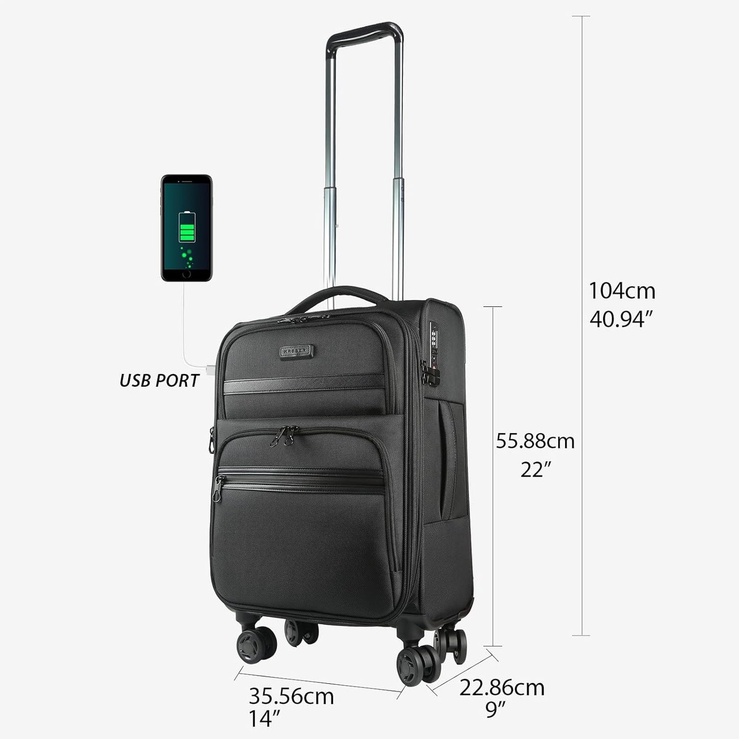 KROSER Softside Expandable Carry On Luggage with Spinner Wheels & Built-in TSA Lock, Durable Suitcase Rolling Luggage with USB Port, Carry-On 20-Inch, Black