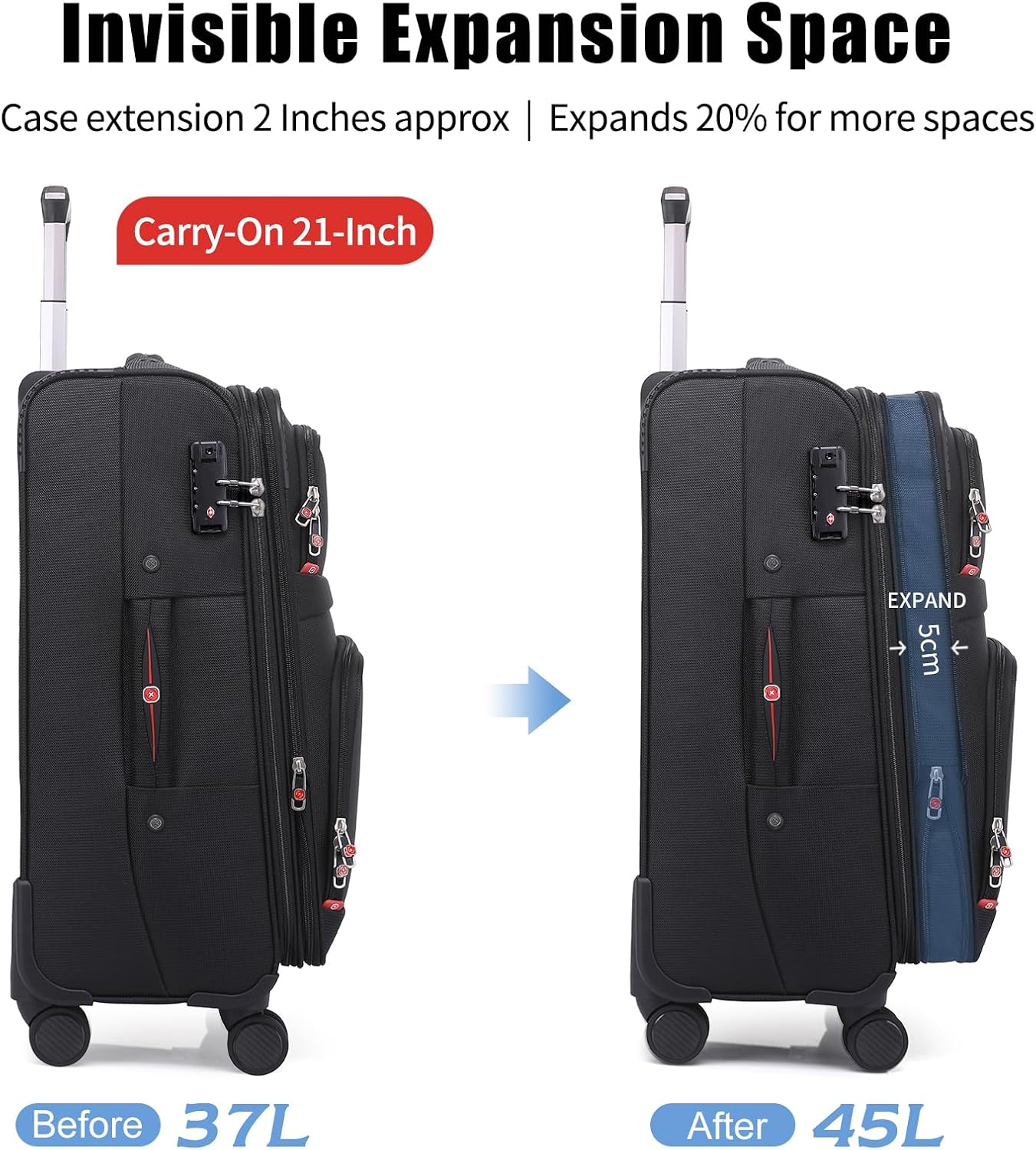 Softside Expandable Luggage with 4 Spinner Wheels, Durable Carry-On Luggage Suicase (Black, 2-Piece Set 21/25)
