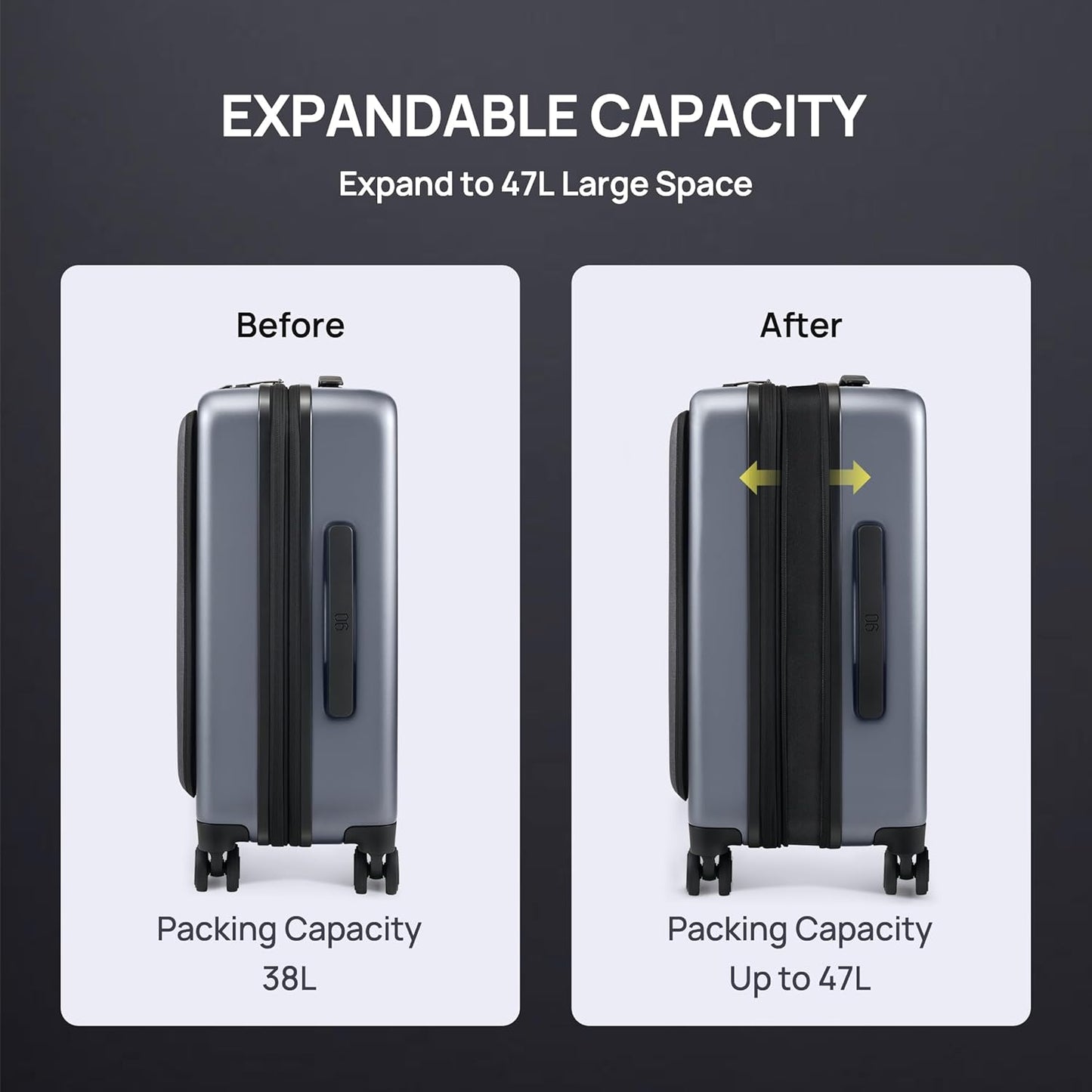 NINETYGO Carry on Luggage 22X14X9 Airline Approved with Front Pocket, 20 Inch Luggage with Front Compartment, Expandable, Double Spinner Wheels, Hardsided PC, TSA Lock (Black, Seine Max)