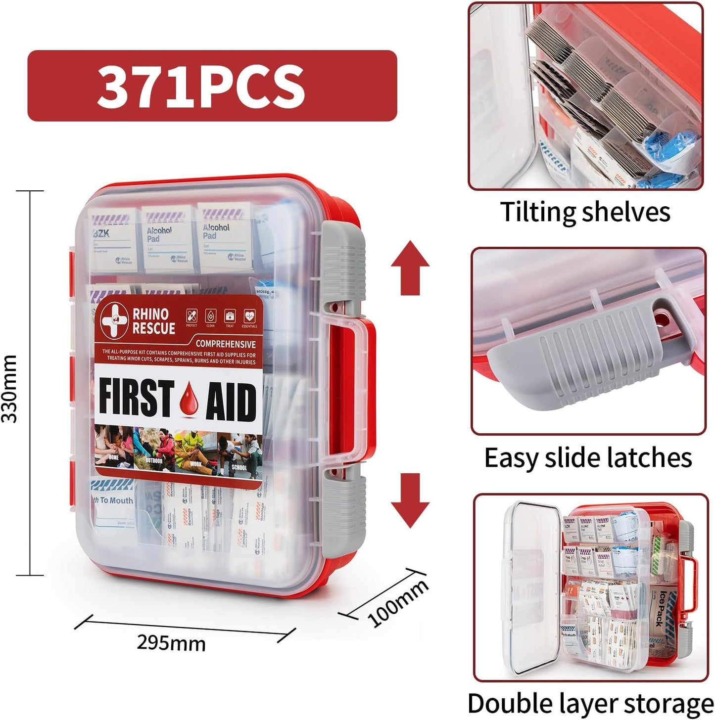 RHINO RESCUE 371 Pieces OSHA All-Purpose First Aid Kit, Home & Office Professional Medical Supplies, Ideal for Emergency, School, Business