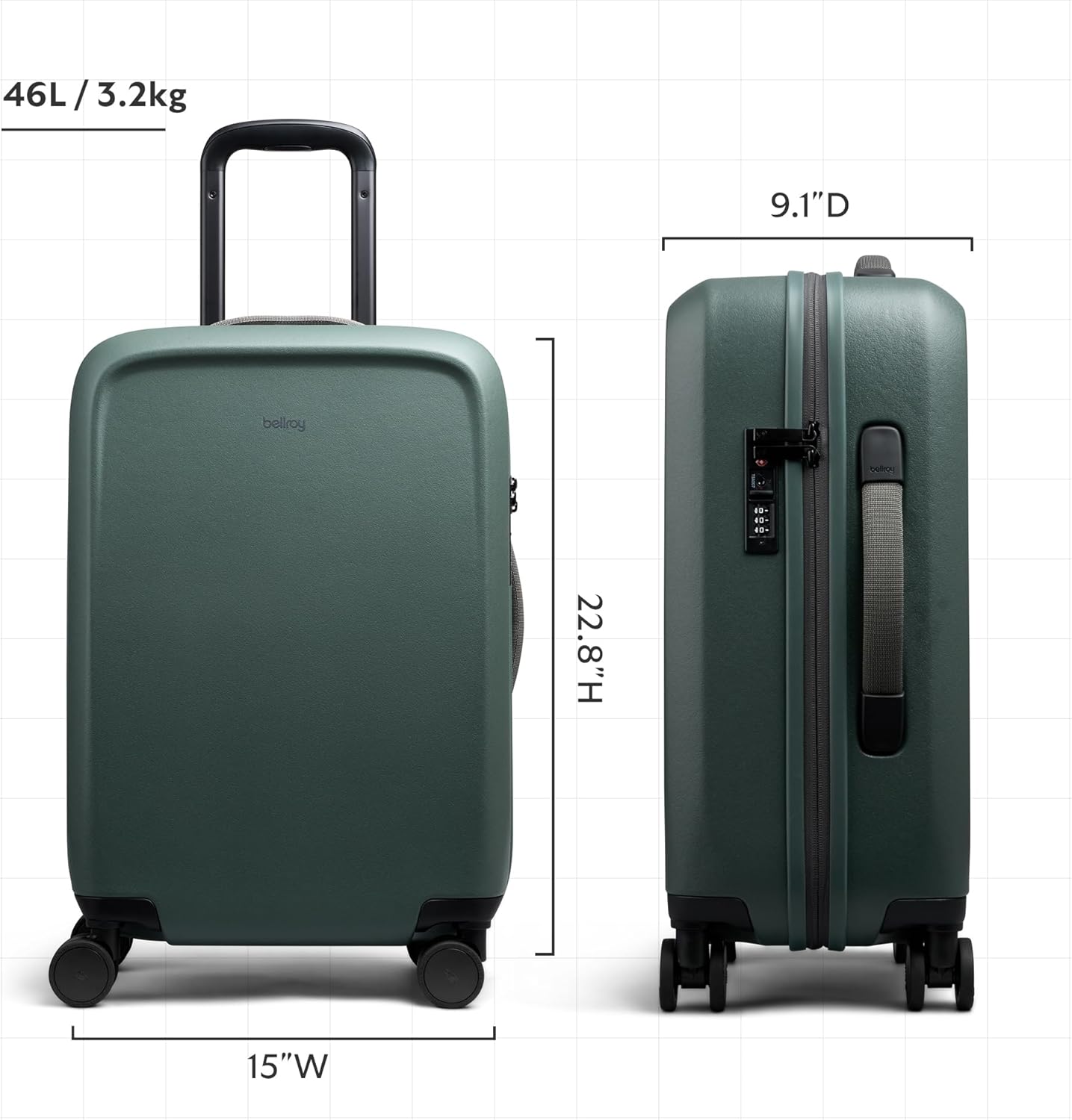 Bellroy Transit Carry-On Plus (46L carry-on luggage, with hard shell and removable packing cells) - Everglade