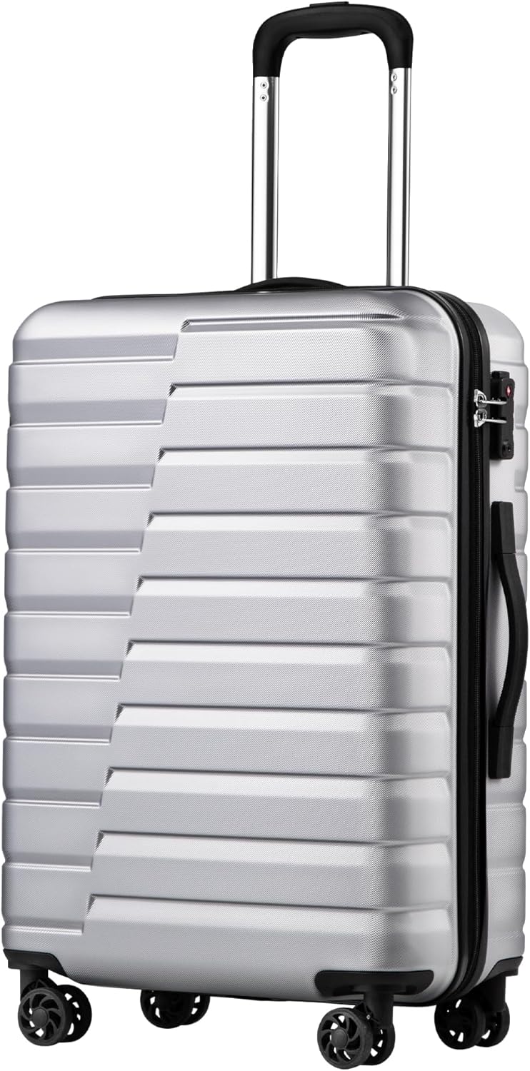 Coolife Larage Luaggage Hardside Expandable Suitcase with Spinner Wheels Checked 28-Inch（silver）