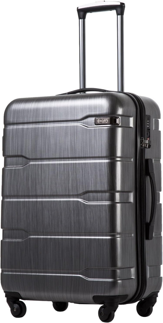 Coolife Luggage PC+ABS Expandable Hardshell Suitcase with TSA Lock, Spinner Checked Lightweight (Charcoal, 28in)