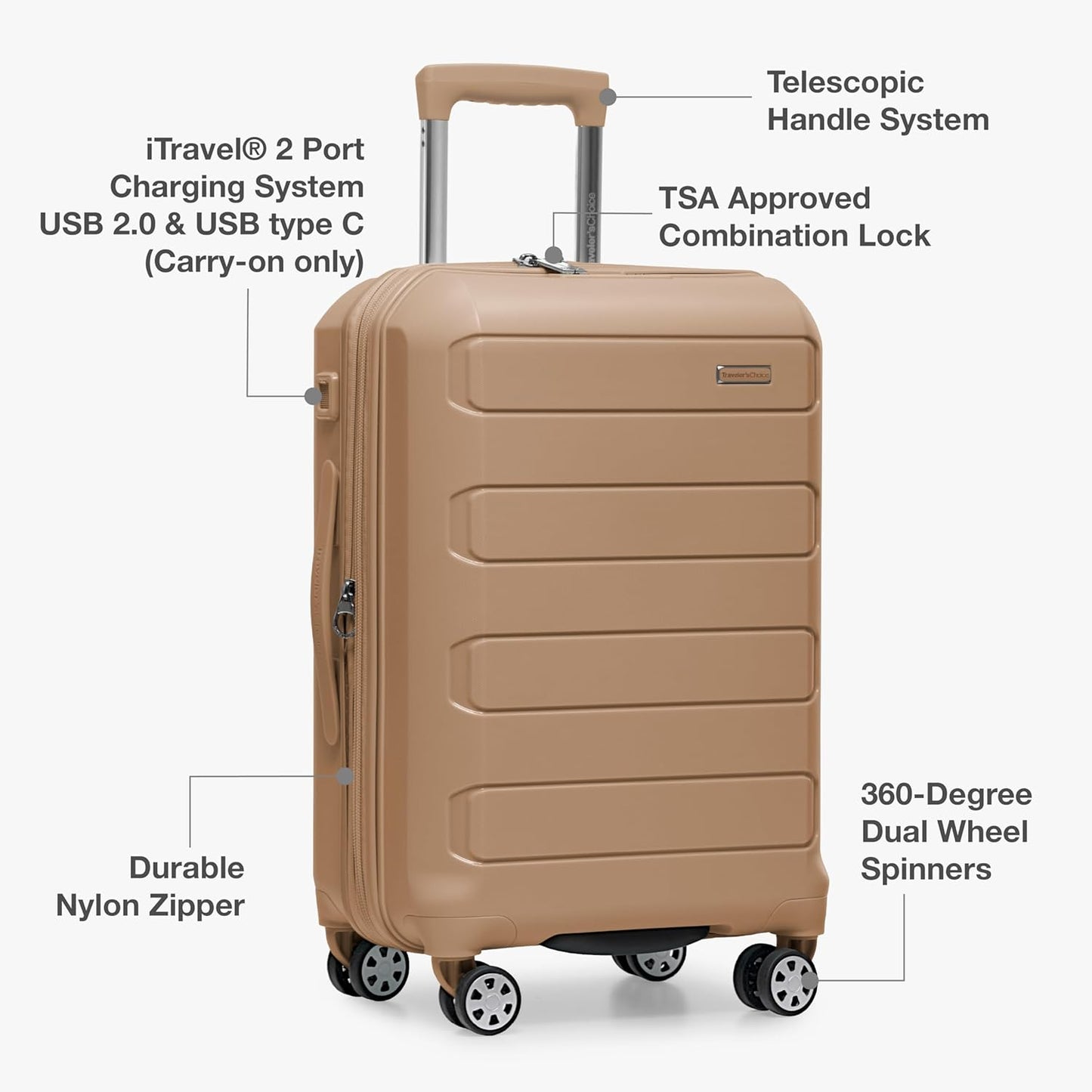 Traveler's Choice Pagosa Indestructible Hardshell Expandable Spinner Luggage, Latte Beige, 26-Inch Medium