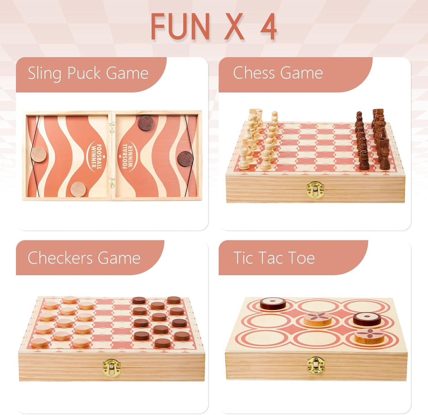 RM ROOMERS 4 in 1 Large Wooden Fast Sling Puck Games Set for Adults,Chess, Checkers,Tic Tac Toe,Portable Folding Travel Tabletop Board Game Sets,Interactive Families Game Night Toy Slingshot