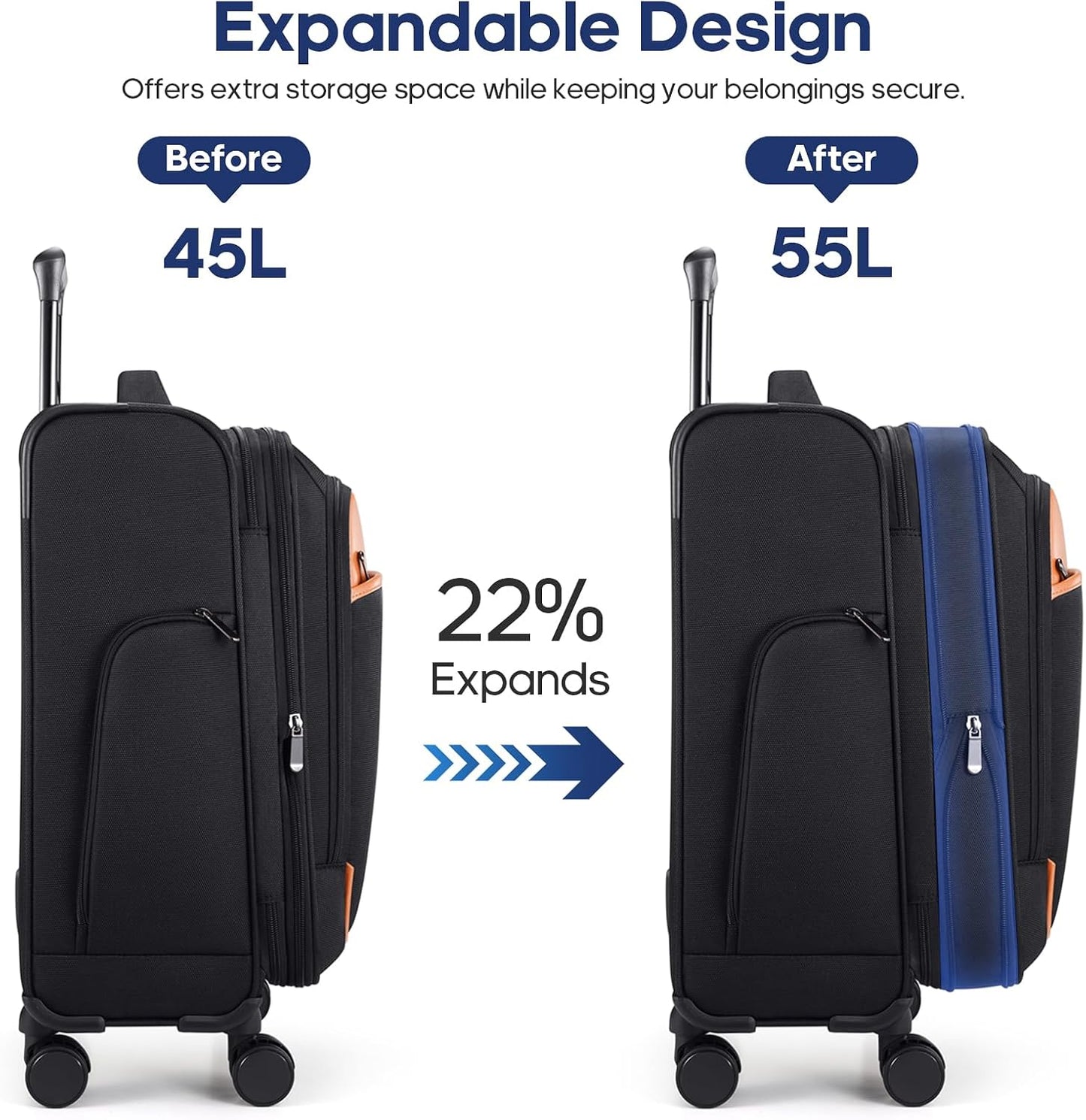 UKEIN Softside Expandable Carry On Luggage 22x14x9 Airline Approved, 20 Inch Carry On Suitcase with Wheels & TSA Lock, Travel Suitcase with 4-Piece Packing Bags for Women Men