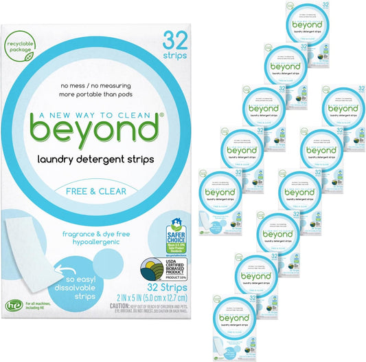 Beyond Laundry Detergent Strips [12 packs of 32 strips] - Free & Clear - Eco-friendly, Hypoallergenic. Travel friendly. Dissolvable Strips