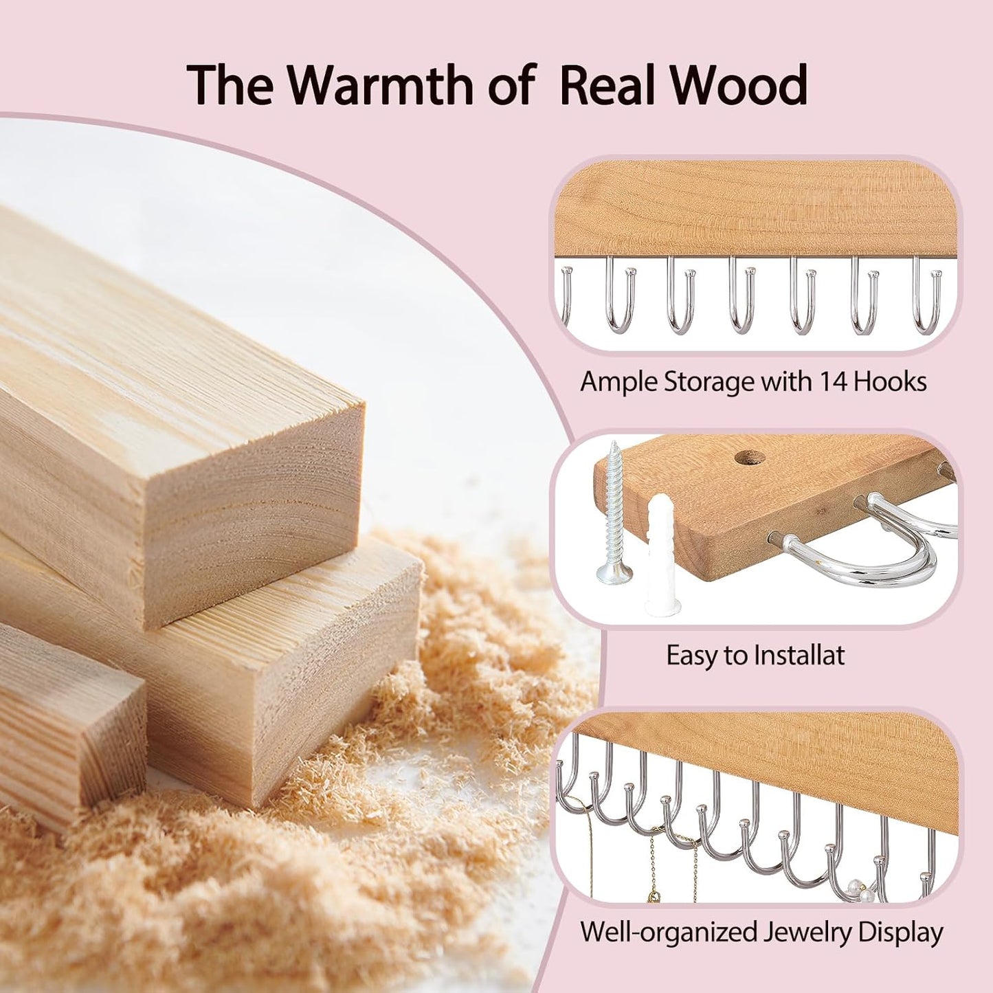 Wall Mounted Necklace Holder, Farmhouse Style Necklace Holder, Tangle Free Wall Jewelry Organizer with 28 Hooks(2 Packs,Natural)