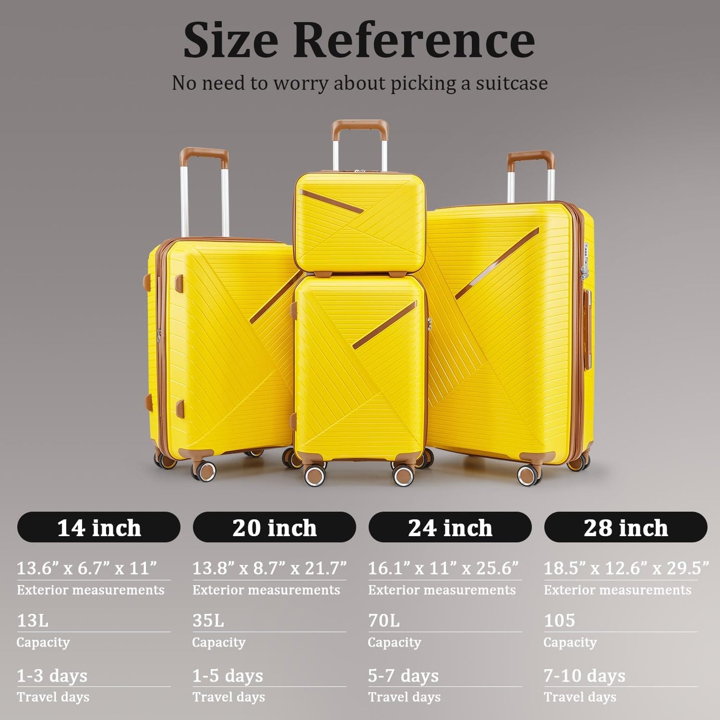 4-Piece Expandable Hardshell Luggage Set with TSA Lock (14/20/24/28) - Lightweight PP Suitcases, 360° Silent Spinner Wheels and Durable 100LB Handle for Air Travel (D# Yellow)