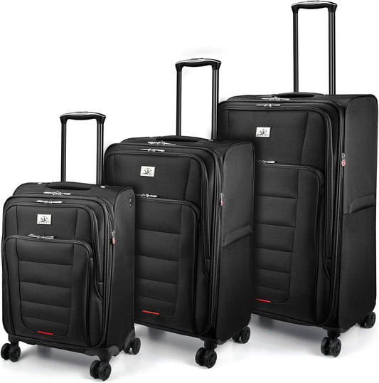 Verdi Luggage Set 3-Piece Suitcase with Spinner Wheel Softside Expandable, Carry On Luggage with USB Port (Black, 3-Piece set(20/24/28))