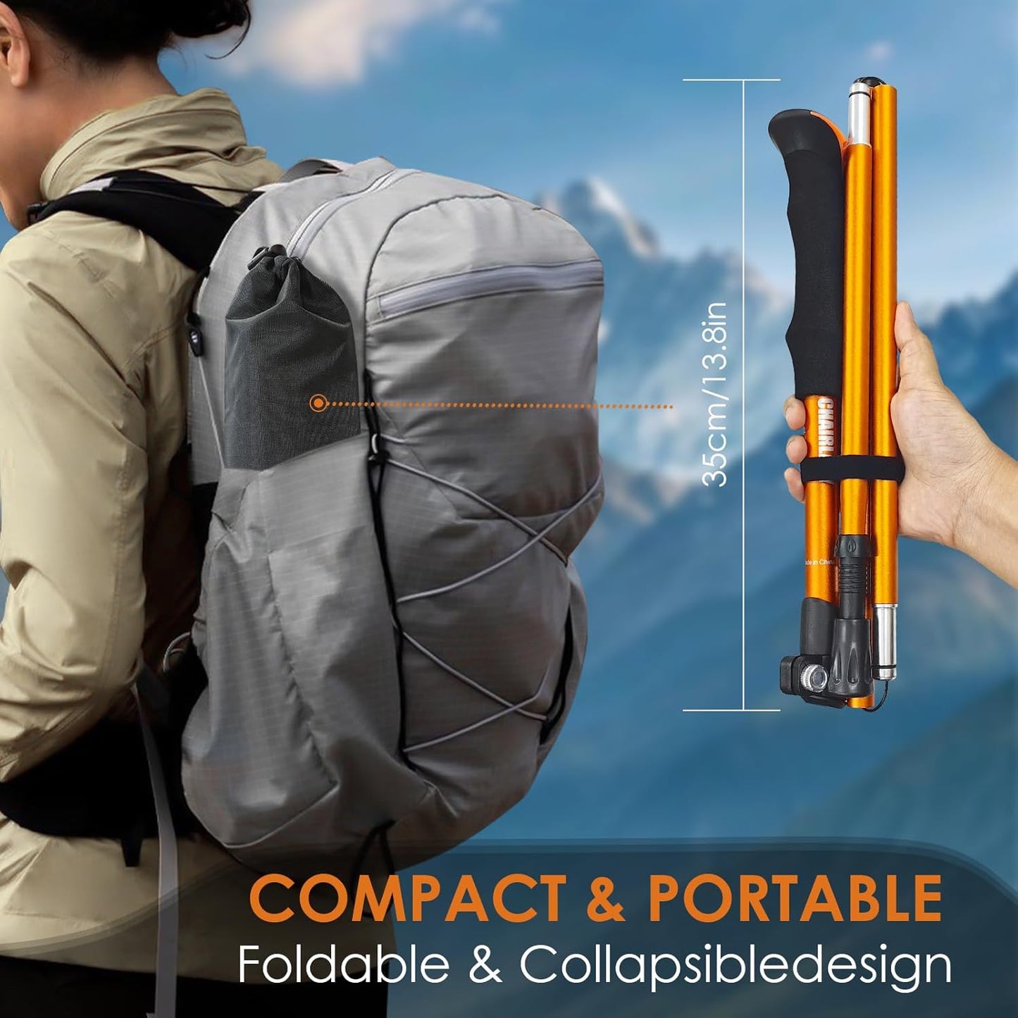 Collapsible Trekking Pole,7075 Aluminum Adjustable 43.3"-51.2" Hiking Pole, Quick-Lock Design,Walking Sticks for Hiking/Camping/Travel (Matte Orange)
