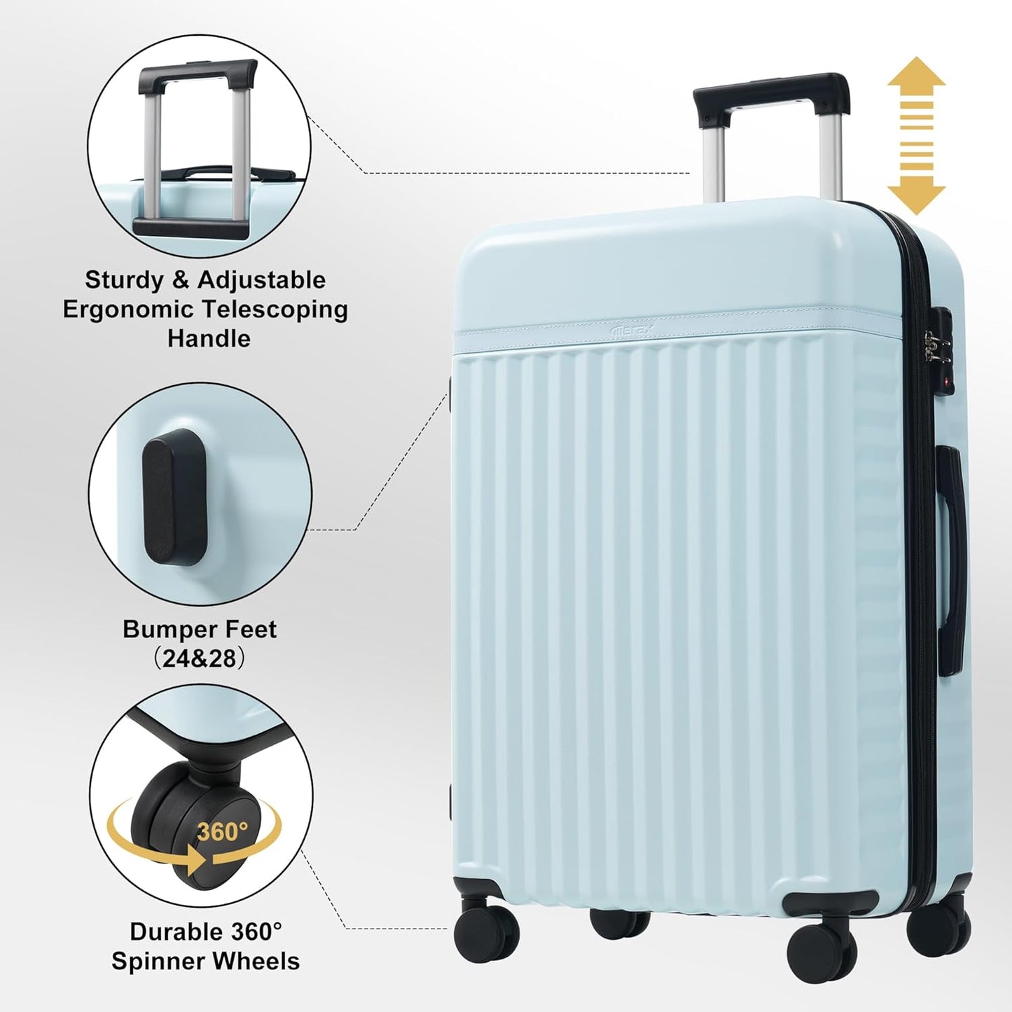 Merax Luggage Sets Front Opening, 2 Piece Hardshell Suitcase with Spinner Wheels and Bags,Lightweight Carry on Luggage with USB Port,20+24,Light Blue