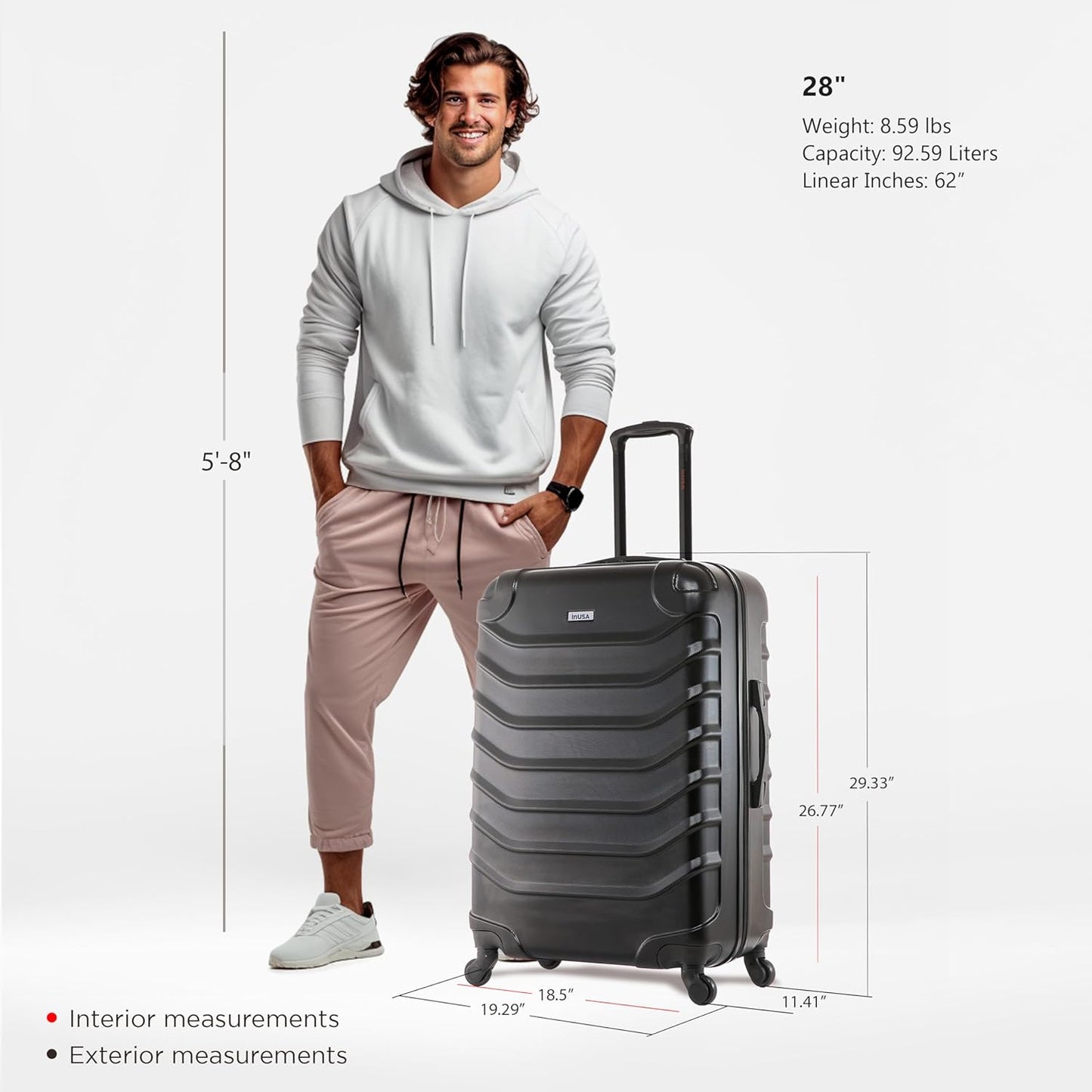 InUSA ENDURANCE Luggage with Spinner Wheels | Durable Lightweight Hardside Suitcase, Spacious Travel Bag with Handle and Trolley | 28-Inch Large Checked | Black