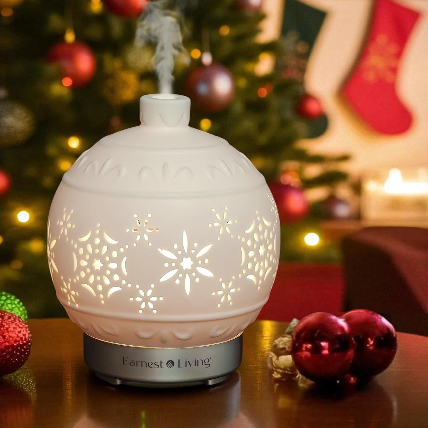 Earnest Living Christmas Ball Essential Oil Diffuser White Ceramic 100 ml Diffuser Home Décor, 7 Color Lights, Timers, Auto Off Cool Mist Humidifier Aromatherapy Diffuser