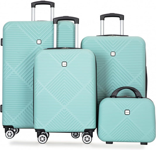 Luggage 4 Piece Set, Hardshell ABS Suitcase Set with Double Spinner Wheels, Lightweight Suitcase, Carry On and Checked Travel Luggage, Aqua Blue